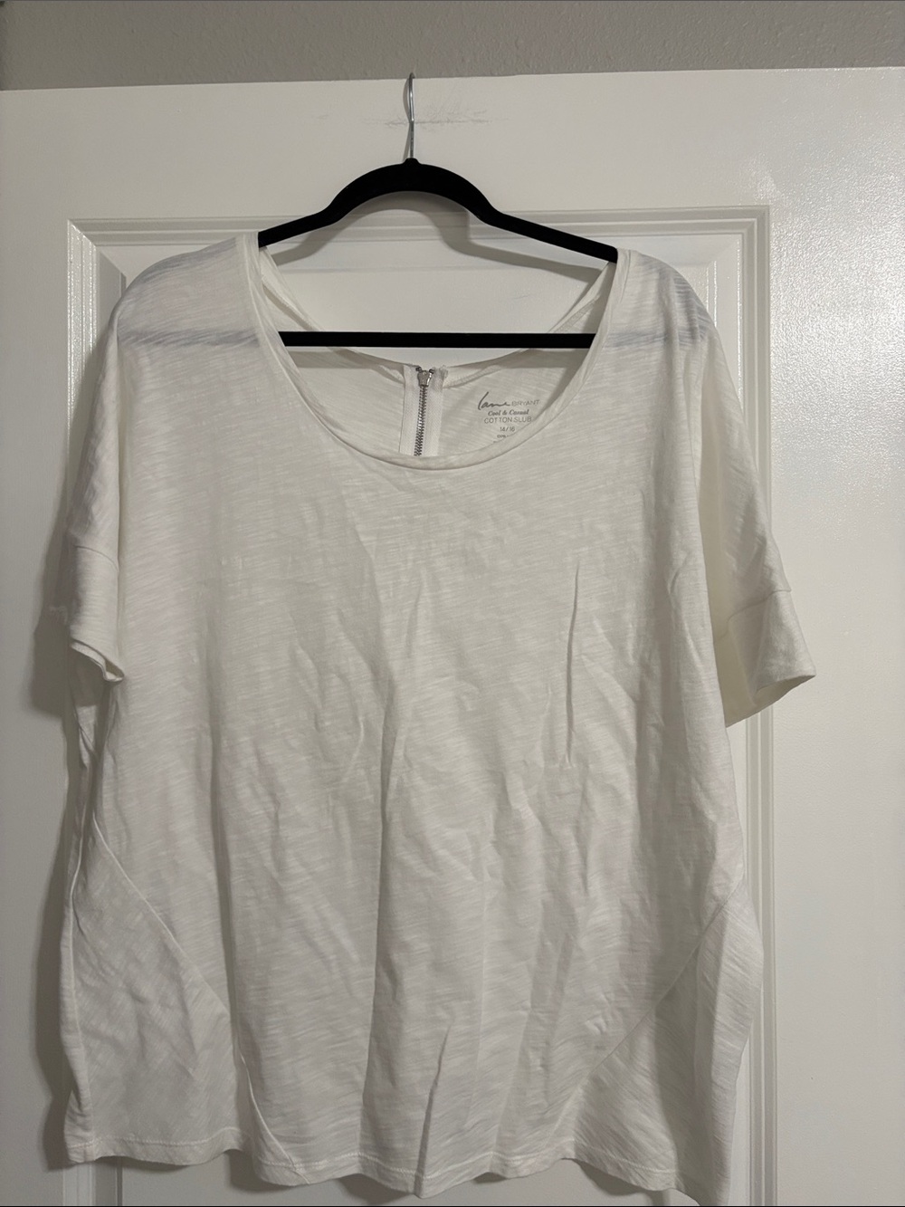Lane Bryant White Short Sleeve Scoop Neck Tee with Back Zip Detail